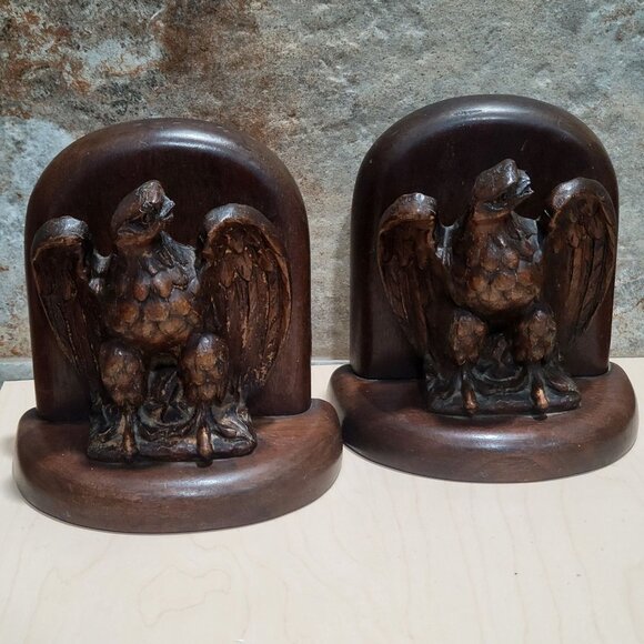 Vintage Pair Wooden Bald Eagle Bookends - Picture 1 of 12